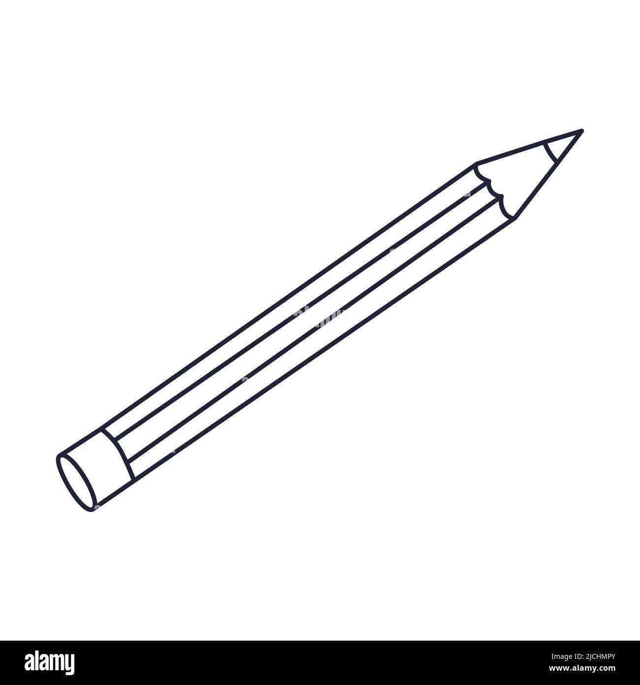 Una semplice matita di legno con gomma. Cancelleria, forniture per ufficio. Delineare il doodle. Illustrazione vettoriale in bianco e nero isolata su sfondo bianco Illustrazione Vettoriale
