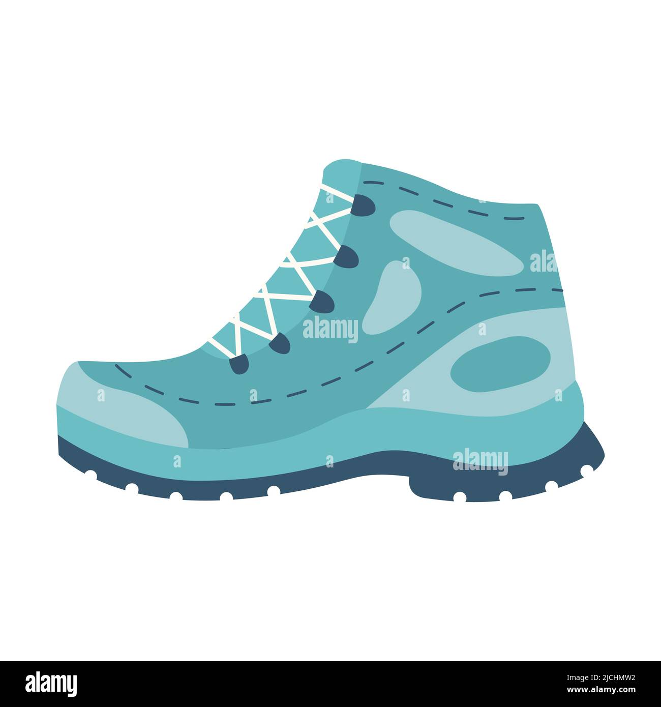 Scarpe da trekking. Una scarpa blu per viaggi turistici con un battistrada speciale sulla suola. Attrezzature per turismo, viaggi, picnic, escursioni, sport. Vettore piatto illus Illustrazione Vettoriale