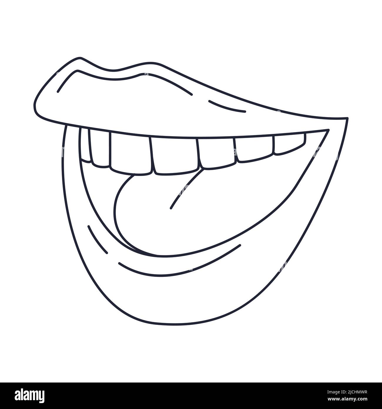 Una bocca sorridente con denti. Labbra femmina. Delineare il doodle. Illustrazione vettoriale in bianco e nero isolata su sfondo bianco Illustrazione Vettoriale