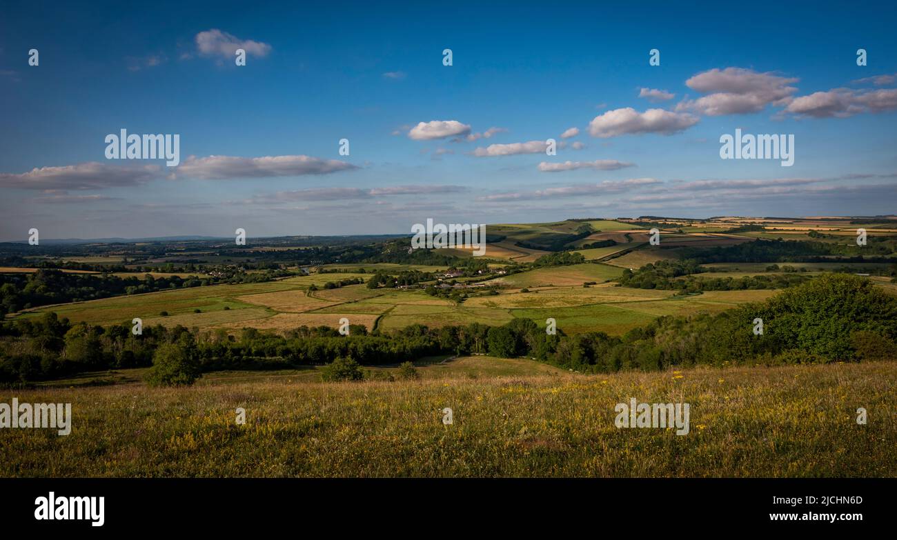 La vista dalla tenuta Arundel attraverso la valle di Arun ad Amberley nel Sussex occidentale, Regno Unito Foto Stock