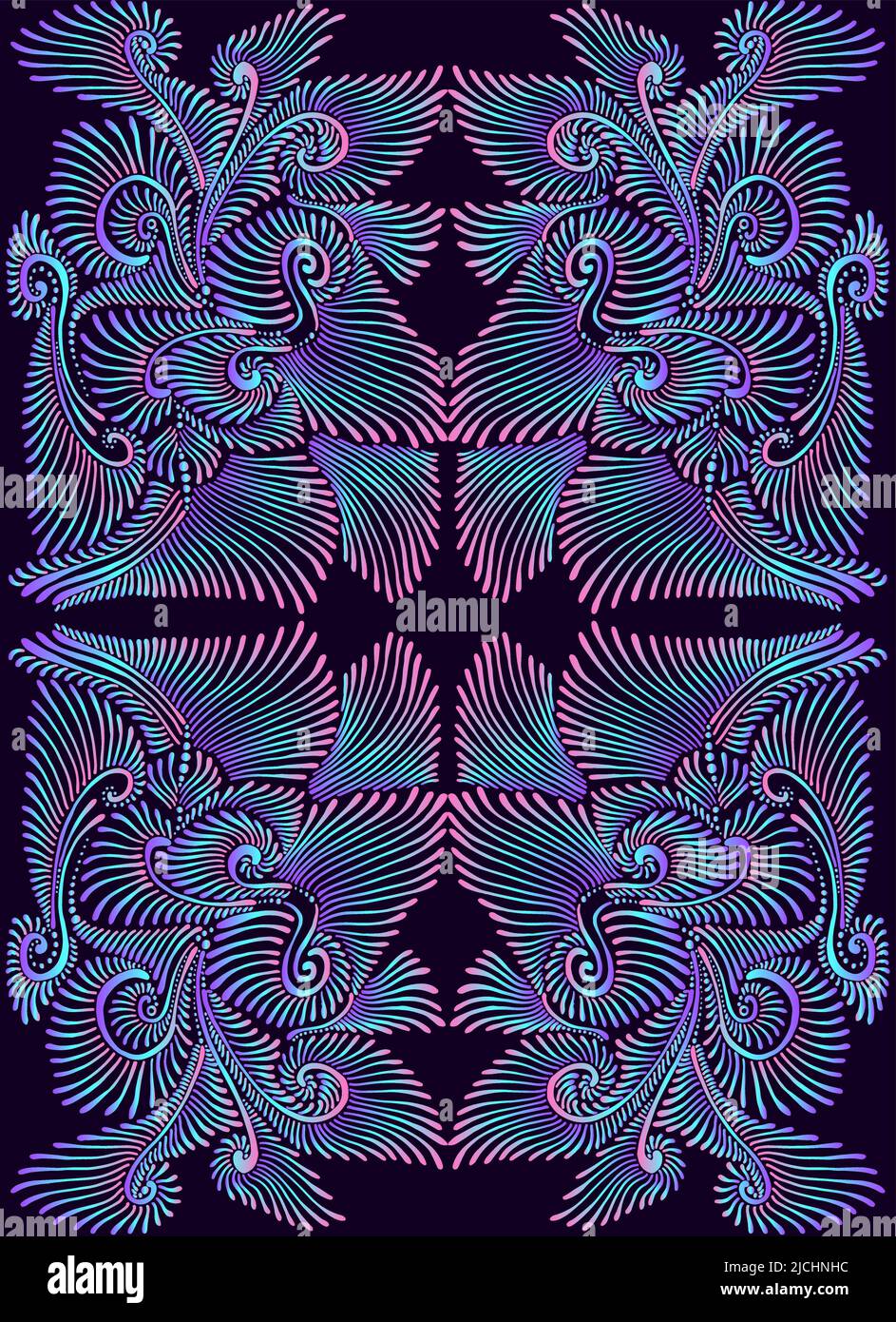 Eleagante vintage psichedelico trippy colorato modello mandala. Sfumatura neon contorno viola, rosa, blu, isoladen su sfondo nero. Illustrazione Vettoriale