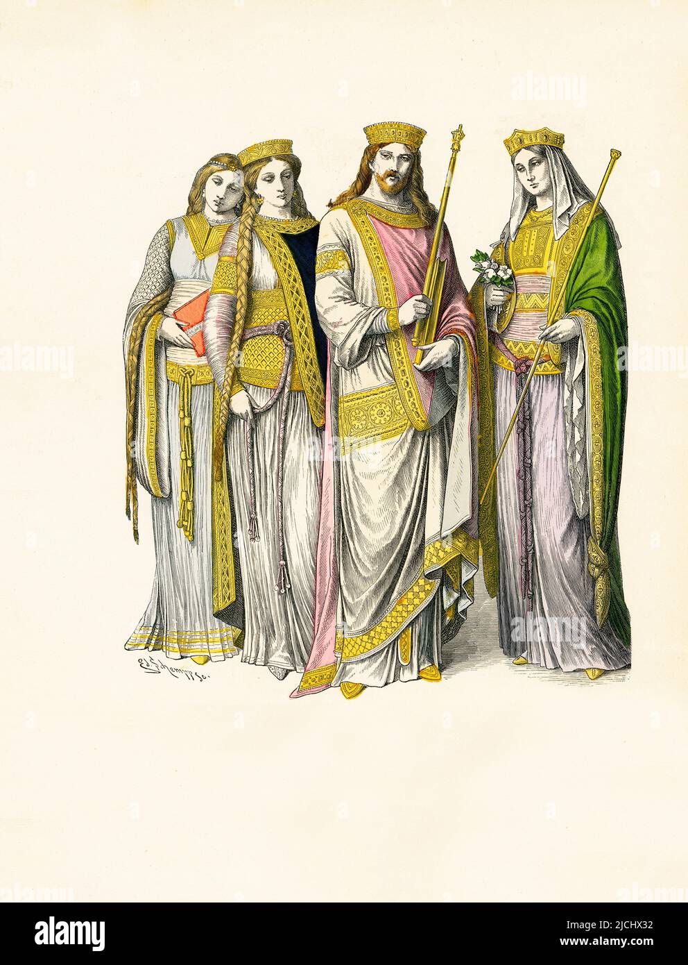 Frankish Ladies, Charlemagne, 5th a 10th secoli, Illustrazione, la storia del costume, Braun & Schneider, Monaco, Germania, 1861-1880 Foto Stock