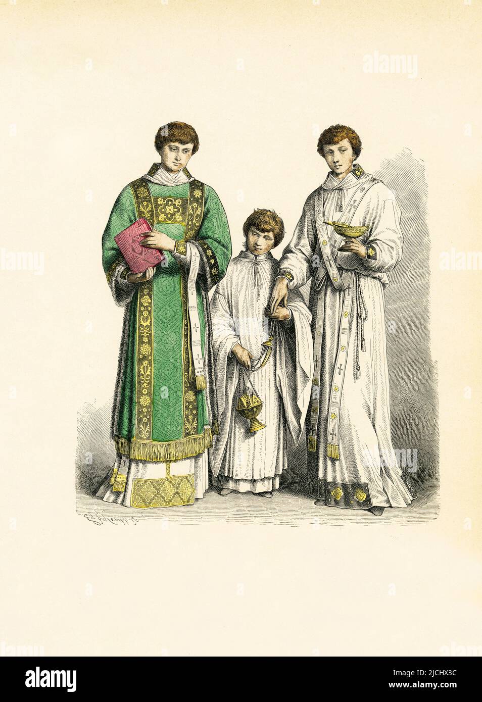 Vestimenti ecclesiastici, Diacono con Dalmatic e Alb, Acolyte in Surplice, Subidiacono in Alb e Stole colorate, secoli 16th e 17th, Illustrazione, la Storia del Costume, Braun & Schneider, Monaco di Baviera, Germania, 1861-1880 Foto Stock