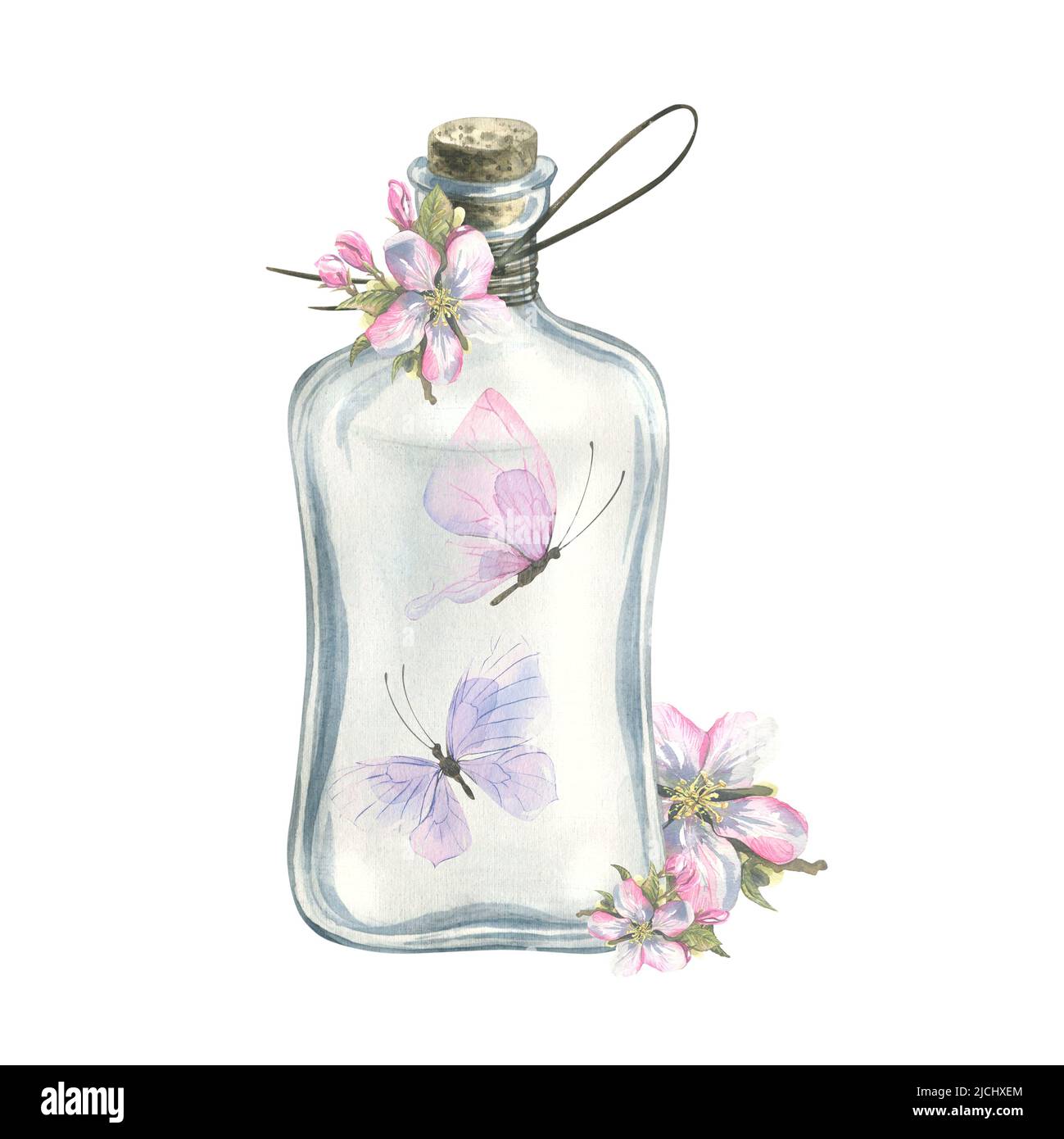 Illustrazione acquerello di una farfalla in una bottiglia di vetro con fiori di mela in tonalità rosa e lilla. Una composizione delicata per la decorazione e de Foto Stock