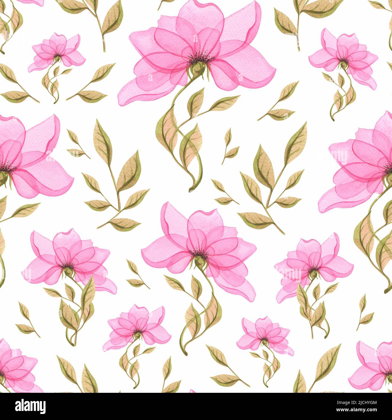 Fiore stilizzato, delicato, rosa con foglie verdi. Motivo senza cuciture, su sfondo bianco, primavera, luce, semplice. Acquerello. Per tessuti, tessuti wa Foto Stock