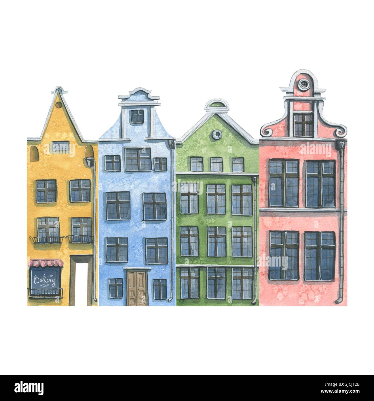 Una serie di vecchie case europee. Illustrazione dell'acquerello. Case graziose e colorate. Per decorare, progettare e comporre varie composizioni di Foto Stock