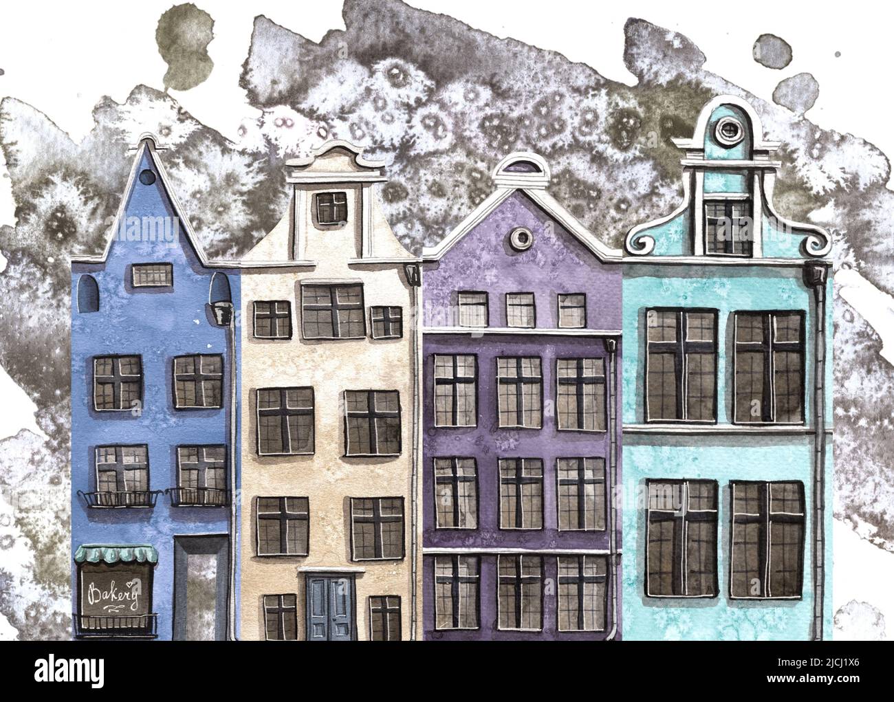 Vecchie case europee. Illustrazione acquerello per decorazione e disegno di  souvenir, manifesti, cartoline, opuscoli, pubblicità, turismo Foto stock -  Alamy