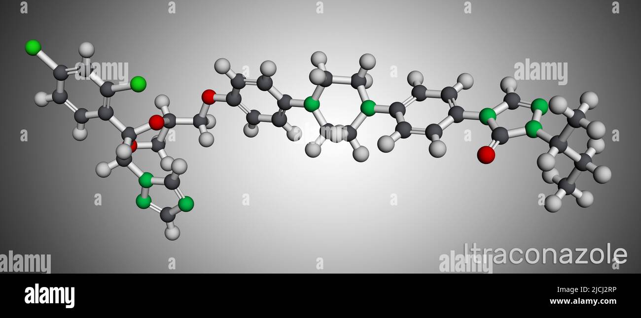 Molecola di itraconazolo. È il farmaco antimicotico triazolico usato per il trattamento di varie infezioni fungine. Modello molecolare. 3D rendering Foto Stock