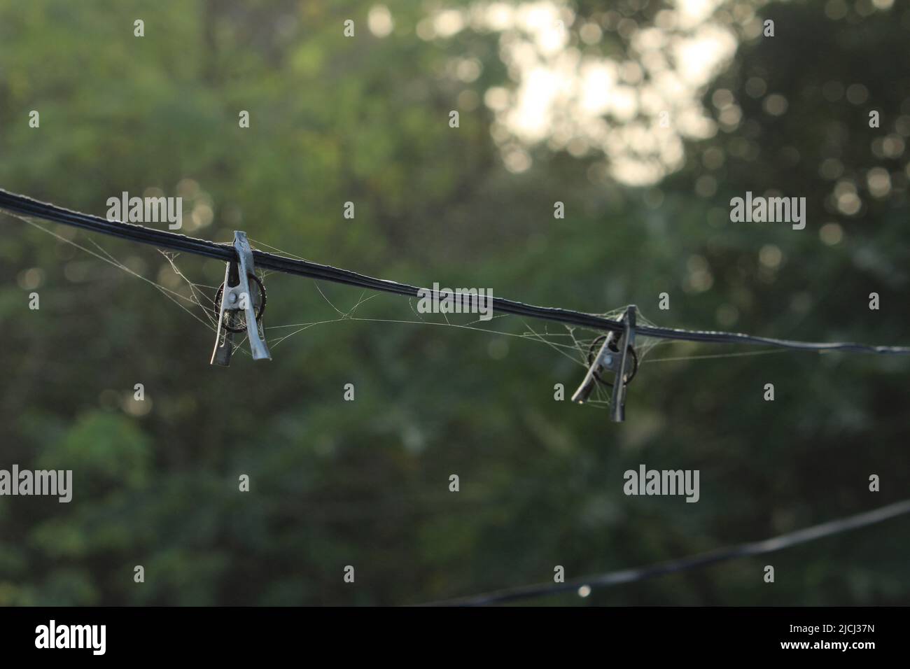 gruppo di vecchie clip in tela di acciaio inossidabile arrugginite con nastro di spiderweb appendere sulla corda senza vestiti Foto Stock