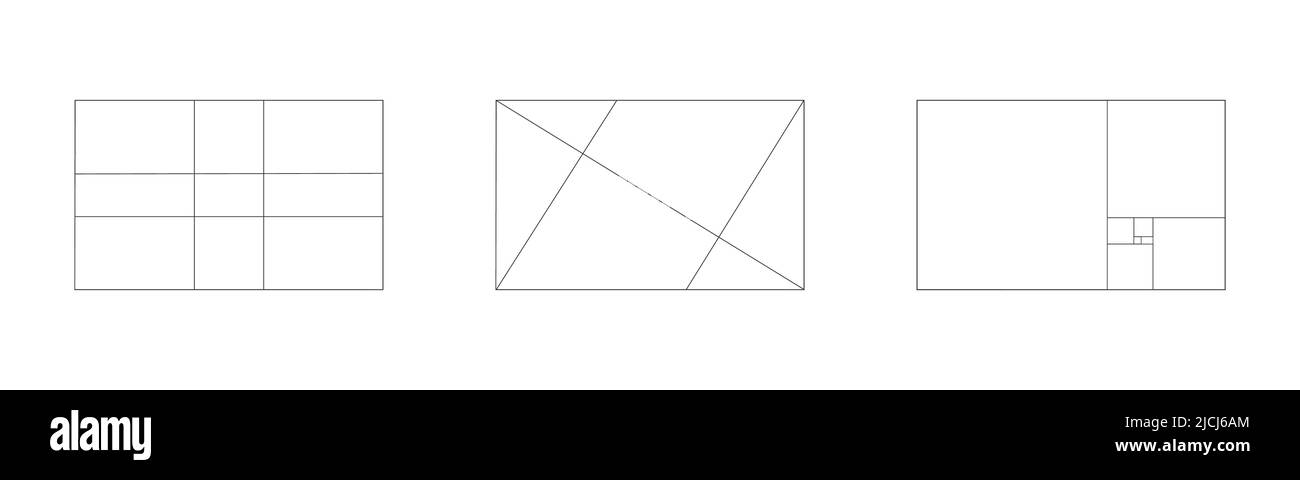 Set di costruzioni Golden Ratio. Rettangolo diviso in proporzioni armoniche. Sequenza Fibonacci. Modello di simmetria perfetto per la fotografia. Simbolo matematico. Illustrazione del contorno vettoriale Illustrazione Vettoriale