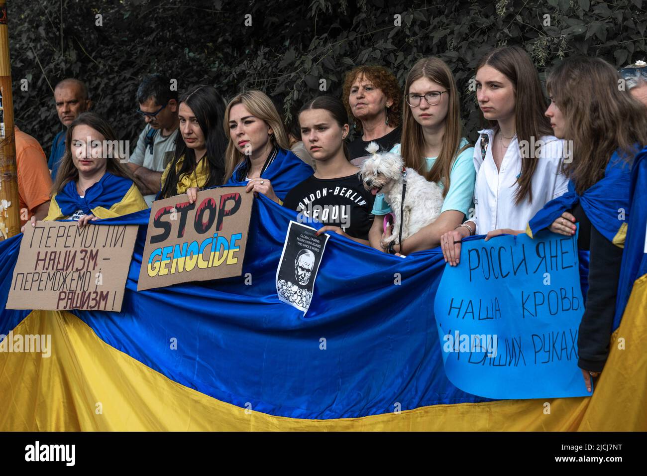 Sofia, Bulgaria, 13 giugno 2022: Il popolo detiene bandiera Ucraina e striscioni a sostegno dell'Ucraina: Stop Henocide, abbiamo sconfitto il nazismo - We Will Defe Foto Stock