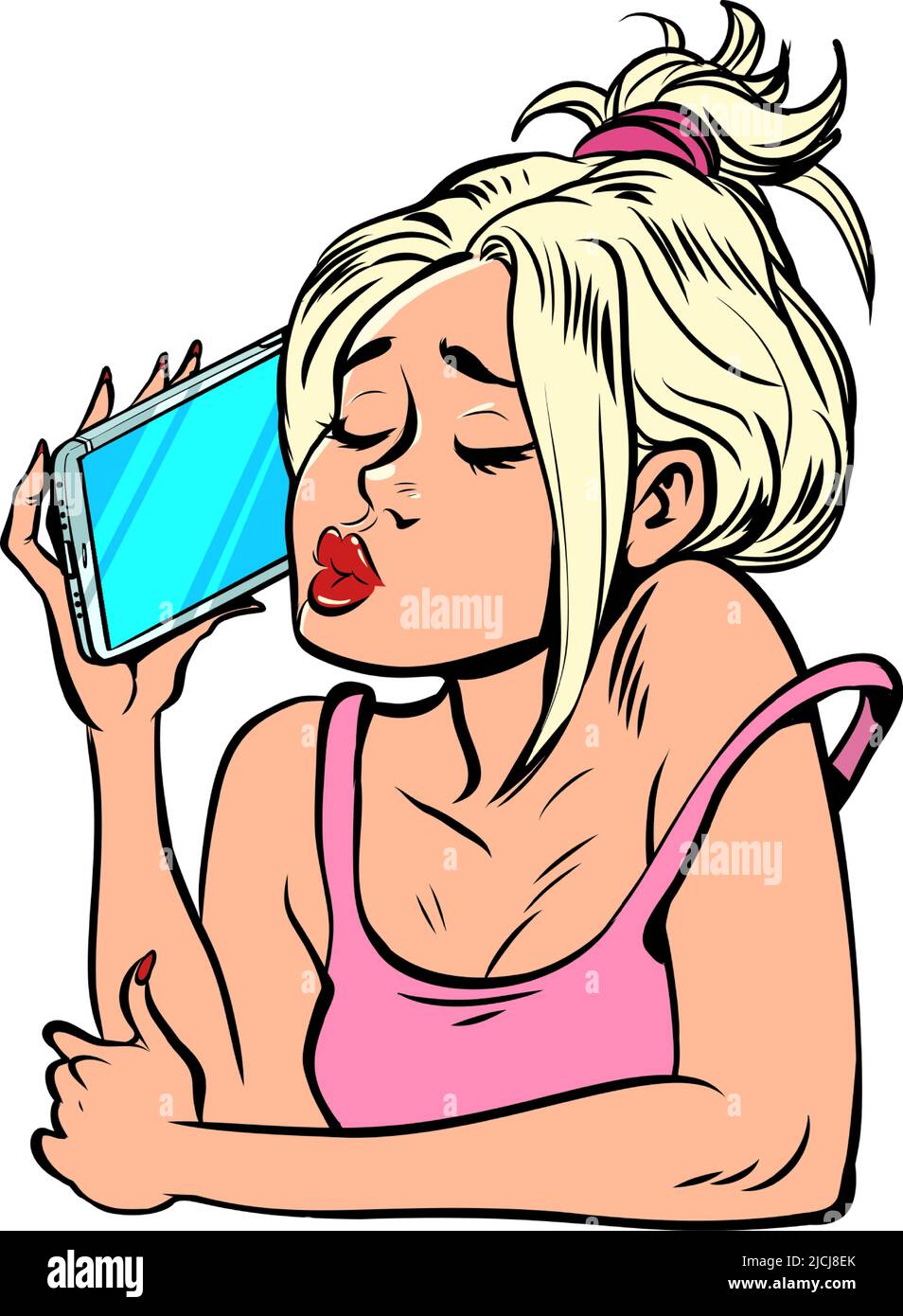 Una giovane donna parla al telefono. Smartphone a portata di mano. Gadget moderni, comunicazione mobile, internet Illustrazione Vettoriale