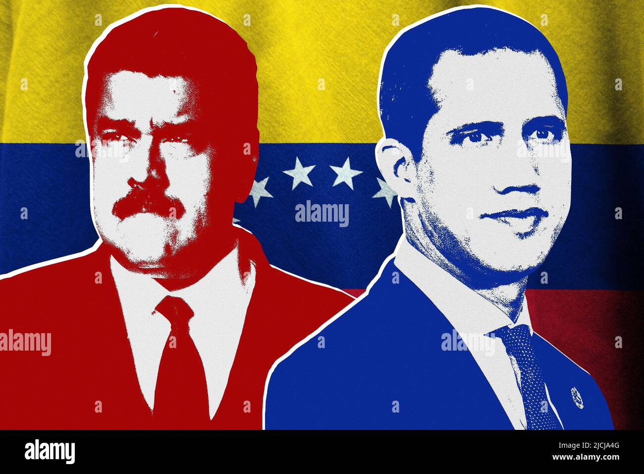 Nicolás Maduro, Juan Guaidó e la bandiera venezuelana Foto Stock