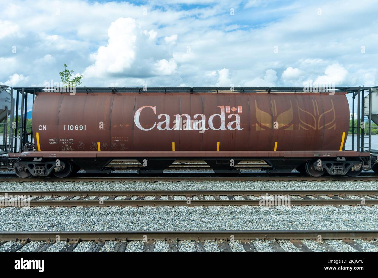 Canadian National Railway treno merci che viaggia in zona rurale. Foto Stock