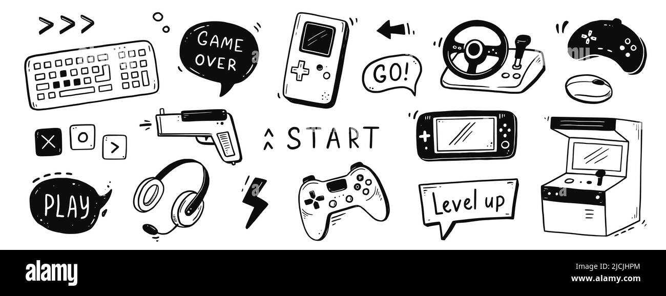 Video gioco Set di doodle disegnate a mano. Console per videogiochi, joystick, elemento controller. Computer retro, gioco arcade sfondo. Illustrazione vettoriale. Illustrazione Vettoriale