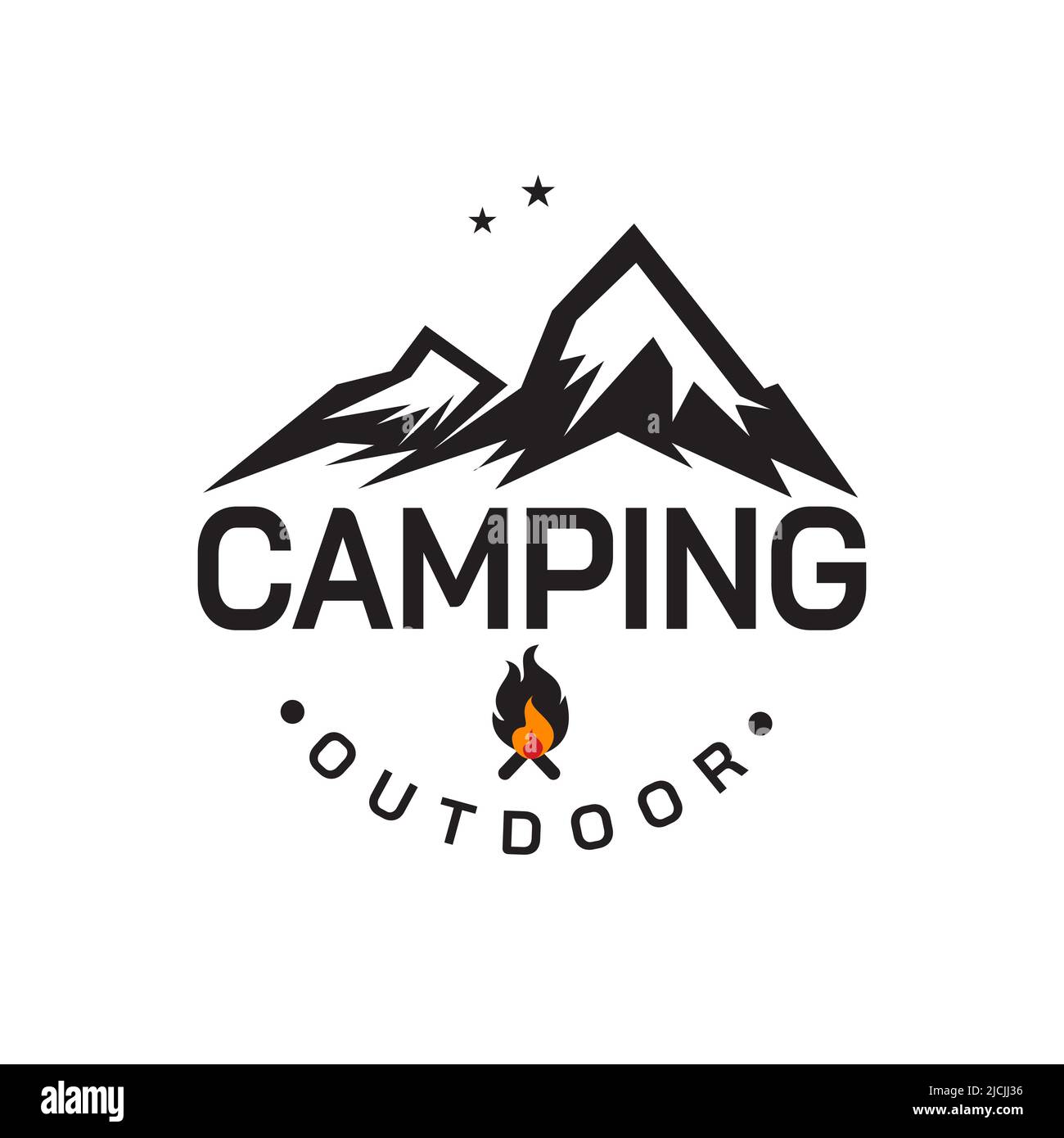 Mountain camping logo design, montagna picco, falò icona Illustrazione Vettoriale