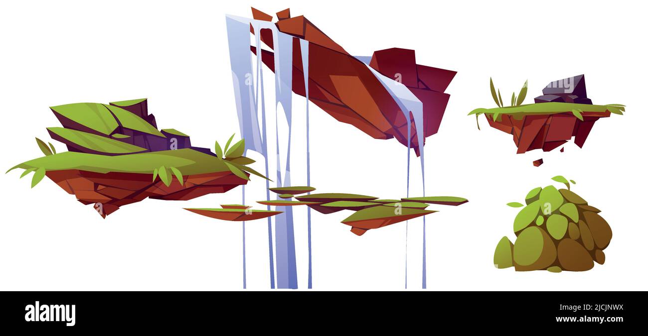 Fantasy isole galleggianti con erba verde e cascata. Set di illustrazione vettoriale di cartoni animati, elementi di paesaggio con rocce, pezzi di terra che volano in cielo isolato. 2d piattaforme di terra per sfondo di gioco Illustrazione Vettoriale