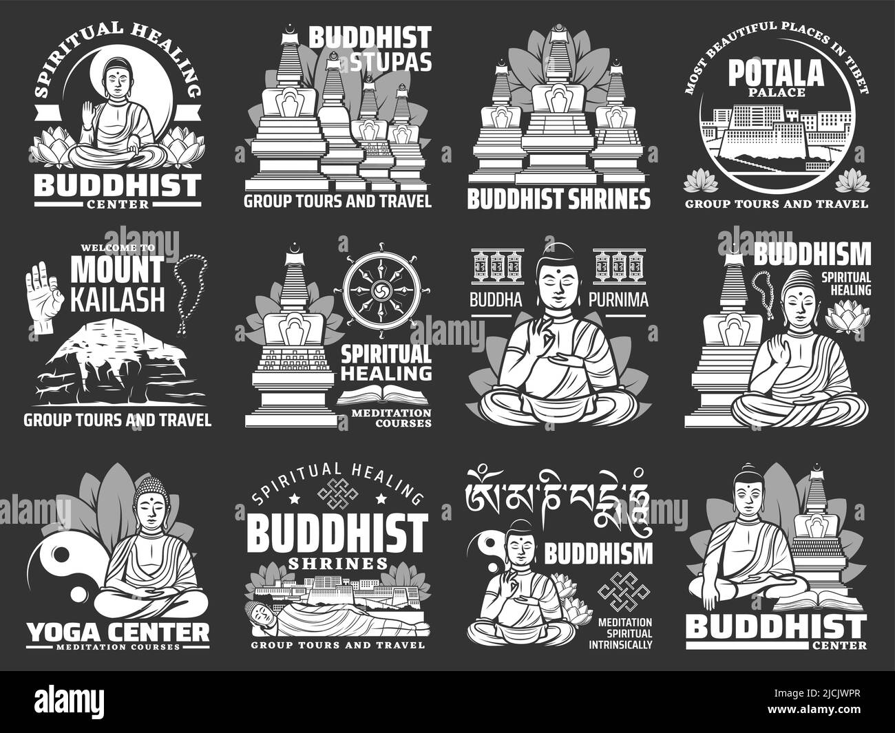 Religione buddista icone vettoriali isolate con Buddha, tempio buddista e stupa santuario. Yin yang, lotus, dharma ruota e nodo infinito, il monte Kailash e Potala palazzo fortezza simboli monocromatici Illustrazione Vettoriale