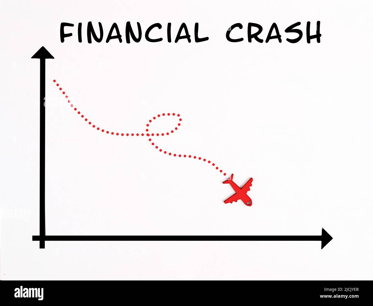 Grafico con un aereo in discesa, crollo finanziario, crisi dell'inflazione, rischio di investimenti, depressione economica globale, fallimento aziendale Foto Stock