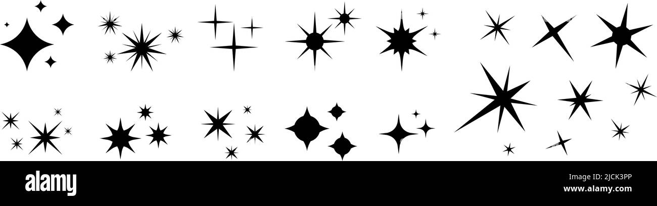 Composizioni scintillanti delle stelle. Shine stencil stelle nere, isolati diversi elementi scintillanti. Oggetti cielo, lampeggio dei segni vettoriali clipart Illustrazione Vettoriale