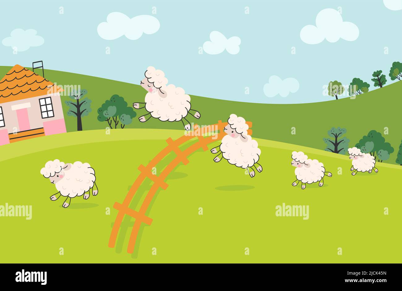 Le pecore saltano sul campo. Conta la recinzione di salto della pecora. Paesaggio di animali da fattoria, contando animali da cartoni animati per dormire. Divertente vettore di trattamento dell'insonnia oggi Illustrazione Vettoriale