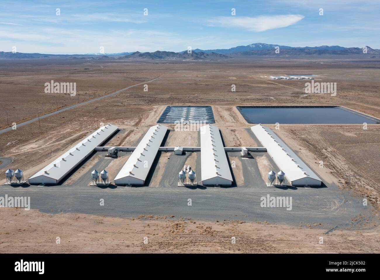 Un impianto di allevamento di zoccoli Smithfield Farms con lagune per convertire i rifiuti di zoccoli in biogas ad energia rinnovabile. Milford, Utah. Foto Stock