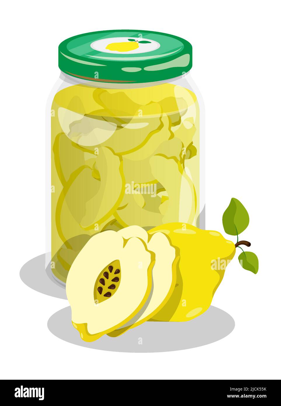 Vasetto confezionato di composto di frutta cotogna. Fette di cotogna in scatola in sciroppo di zucchero dolce. Vettore cartoon isolato su sfondo bianco Illustrazione Vettoriale