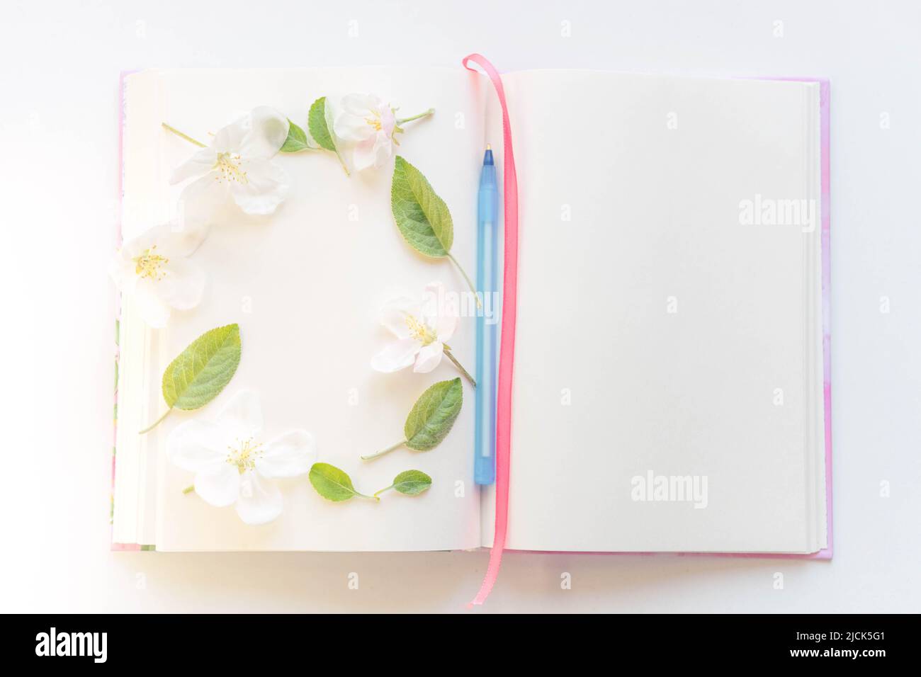 Apri un libro con fogli bianchi e una penna blu in fiori di mela intorno. Foto Stock