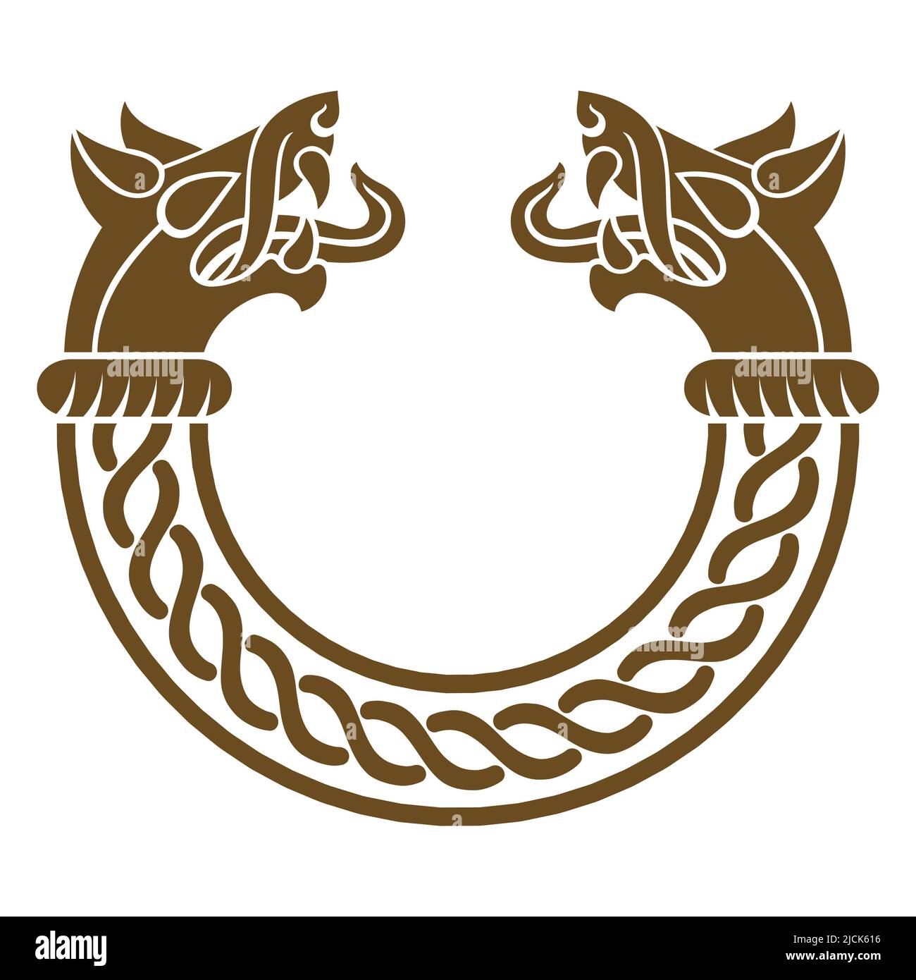 Design in stile Old Norse. Bracciale vichingo in bronzo con teste di lupo Illustrazione Vettoriale
