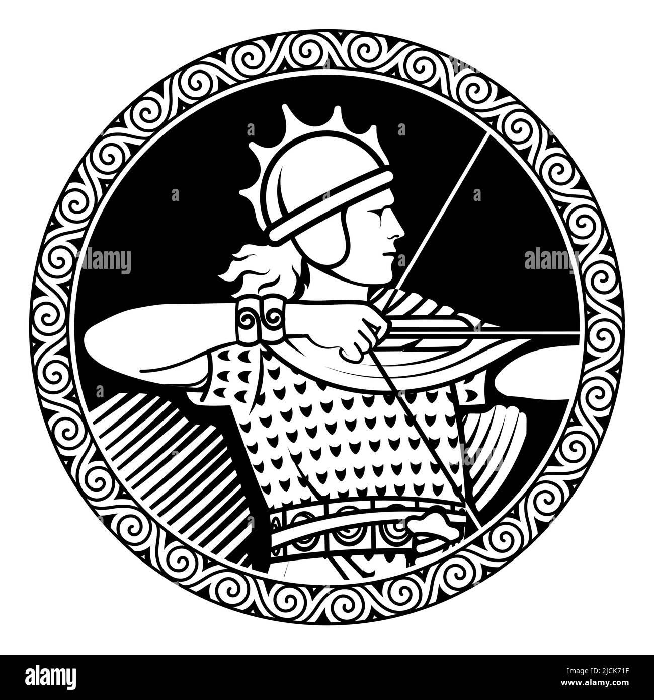 Design in stile Old Norse. Arciere vichingo in una cornice di ornamento scandinavo Illustrazione Vettoriale