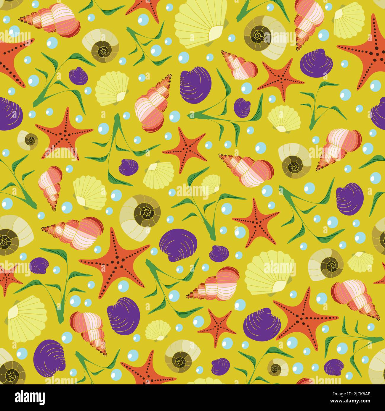 Pattern vettoriale senza giunture con vongole, stelle marine e conchiglie su sfondo giallo. Sott'acqua ripetizione carta da parati disegno. Illustrazione Vettoriale