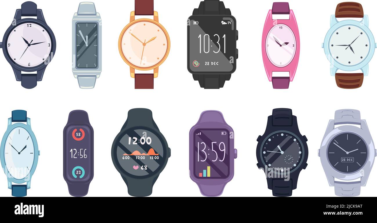 Orologi a mano. Accessori fashioned per la gente di affari bracciali di lusso smartwatch esatto vettore tempo simboli Illustrazione Vettoriale