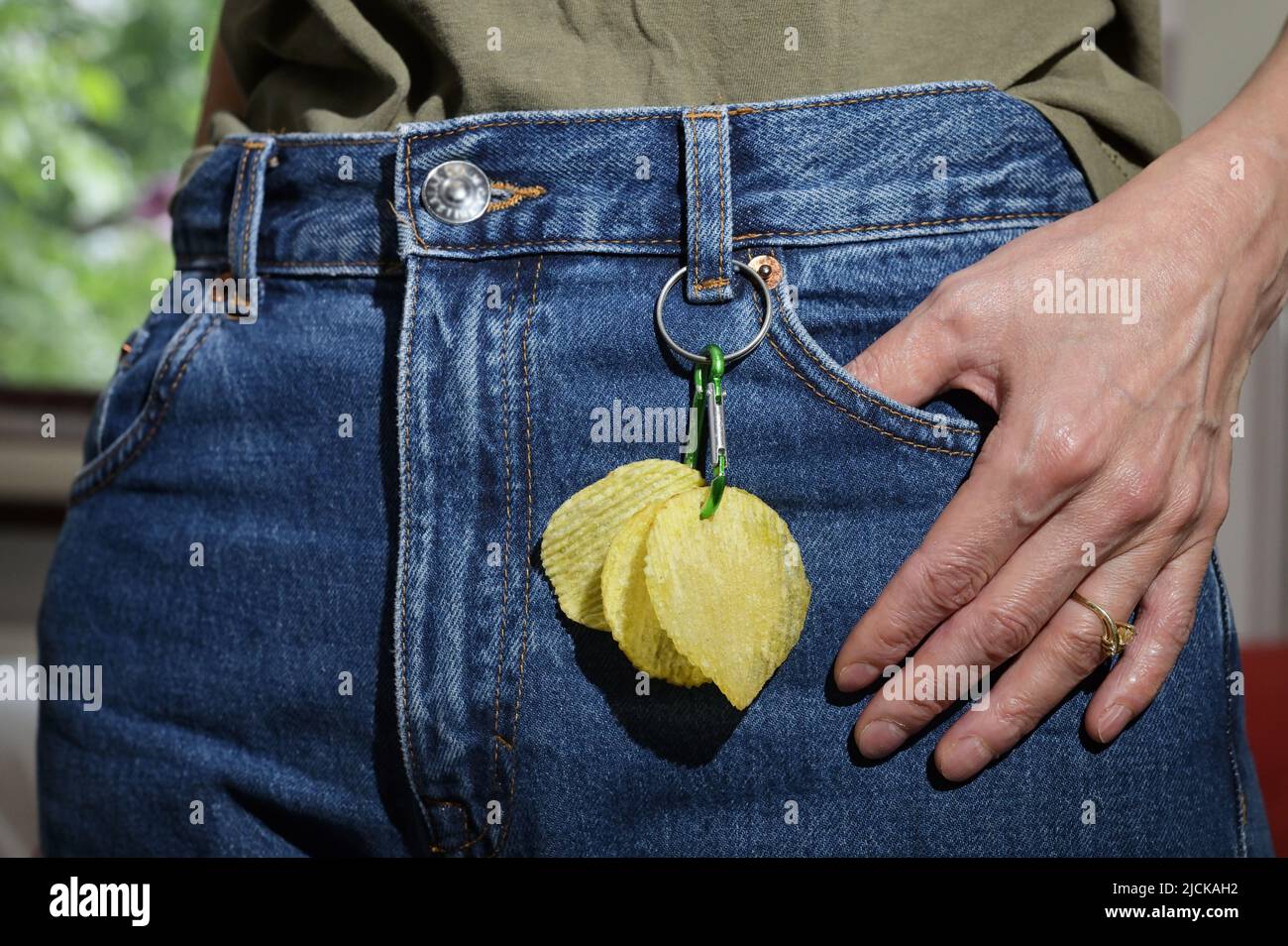 Portachiavi astratto con molte chiavi e patate chips Foto Stock