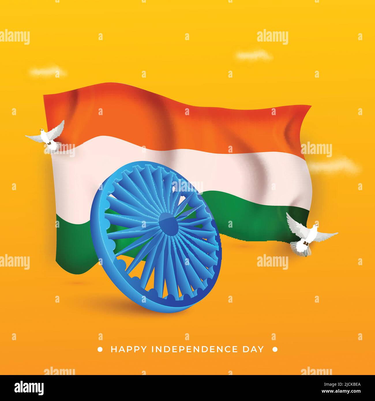 Happy Independence Day Concept con ruota di Ashoka 3D, bandiera indiana e piccioni volanti su sfondo arancione. Illustrazione Vettoriale