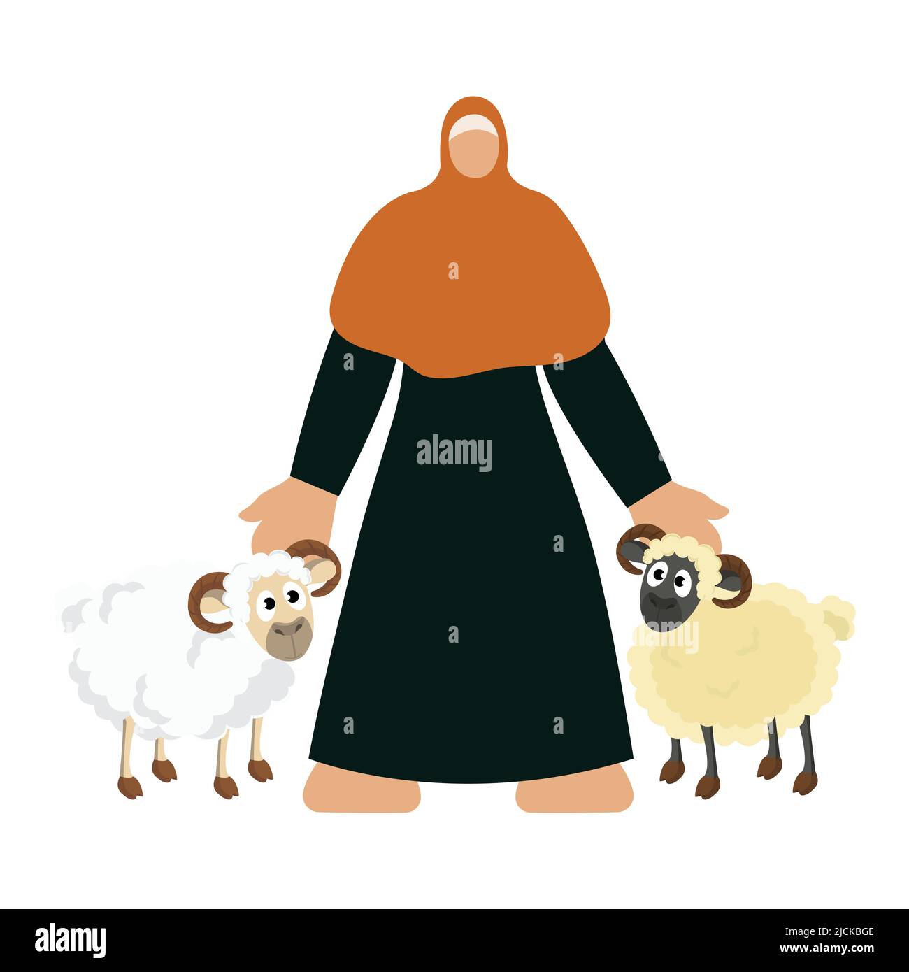 Giovane Donna islamica senza volto in piedi con due pecore animale su sfondo bianco. Illustrazione Vettoriale