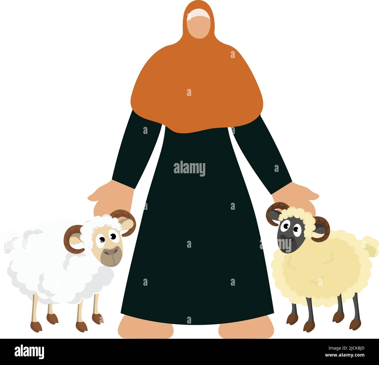 Giovane Donna islamica senza volto in piedi con due pecore animale su sfondo bianco. Illustrazione Vettoriale