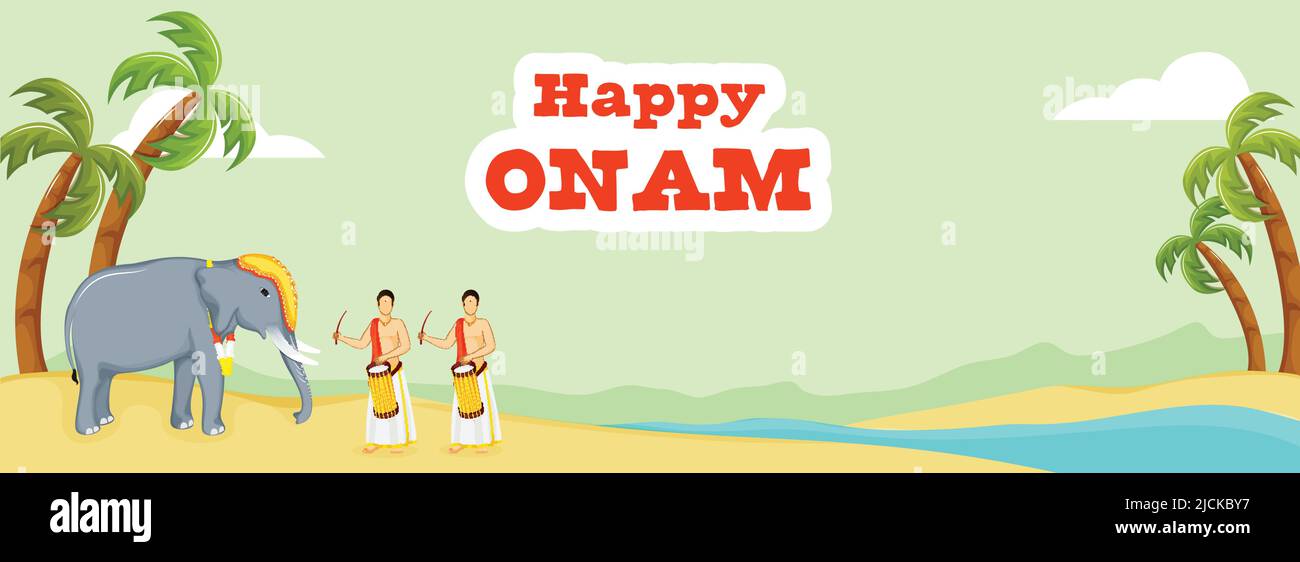 Sticker stile Happy Onam scritta con i batteristi dell'India del Sud, Elephant Animal, cocco o Palm Tree su Riverside sfondo verde e giallo. Illustrazione Vettoriale