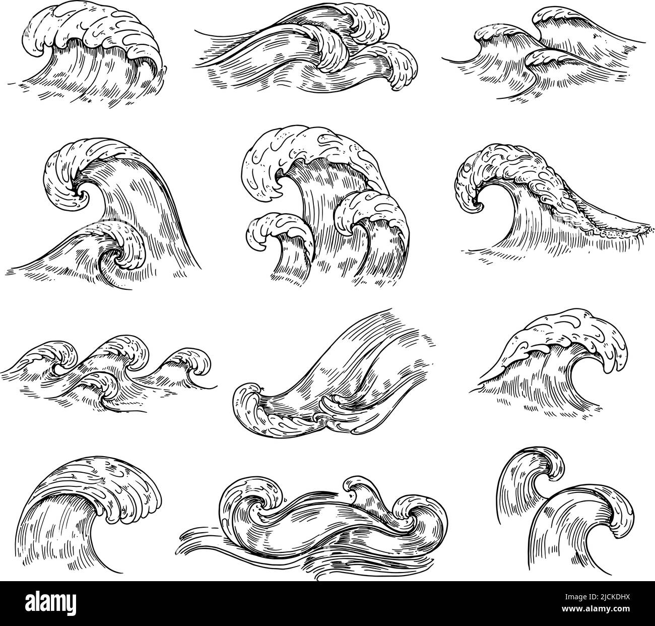 Tracciare le onde. Disegnare l'onda dell'oceano di mare. Elementi di fiume isolati disegnati a mano, acqua di doodle ruscello o tempesta. Set di vettori neoterici neri nautici abbozzati Immagine e Vettoriale -