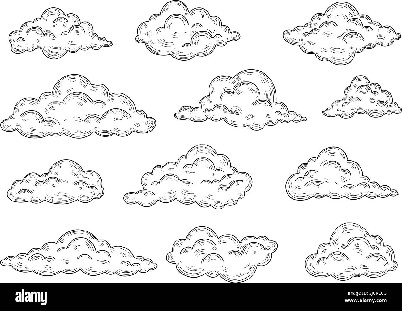 Nuvole di schizzo. Stile hipster disegnato a mano su nuvola vintage. Atmosfera ed elementi di Sky Doodle. Incisione retrò oggetti cielo, inchiostro neoterico vettore set Illustrazione Vettoriale