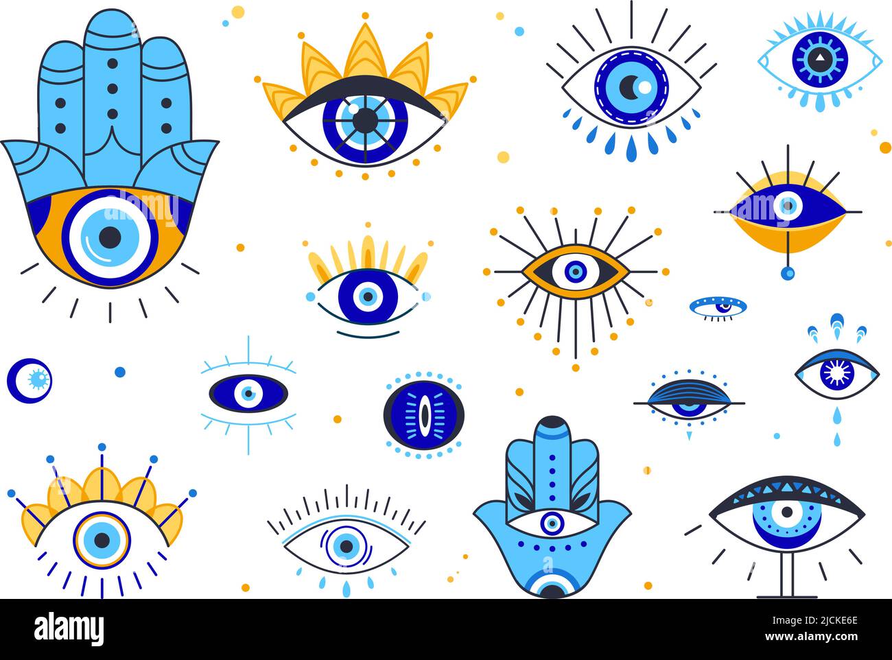 Doodle occhi occulti. Linea esoterica tribale occhio, stencil tatuaggio. Simboli etnici di protezione greci o turchi. Elementi magici dell'arte spirituale, mistici Illustrazione Vettoriale