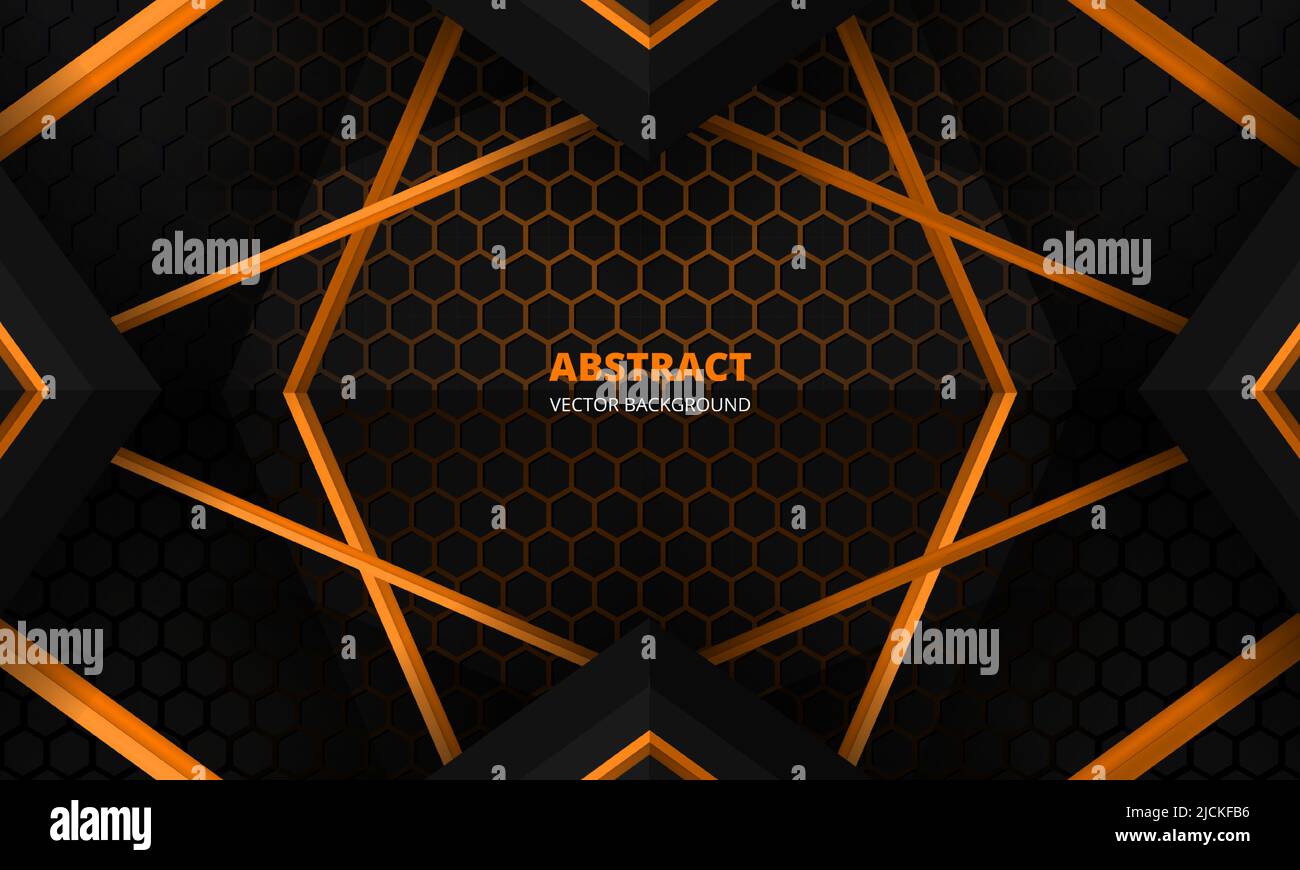 Futuristico nero e arancione astratto sfondo da gioco modello di design banner con fibra di carbonio esagonale. Vettore di concetto esagonale tecnologia astratta scuro Illustrazione Vettoriale