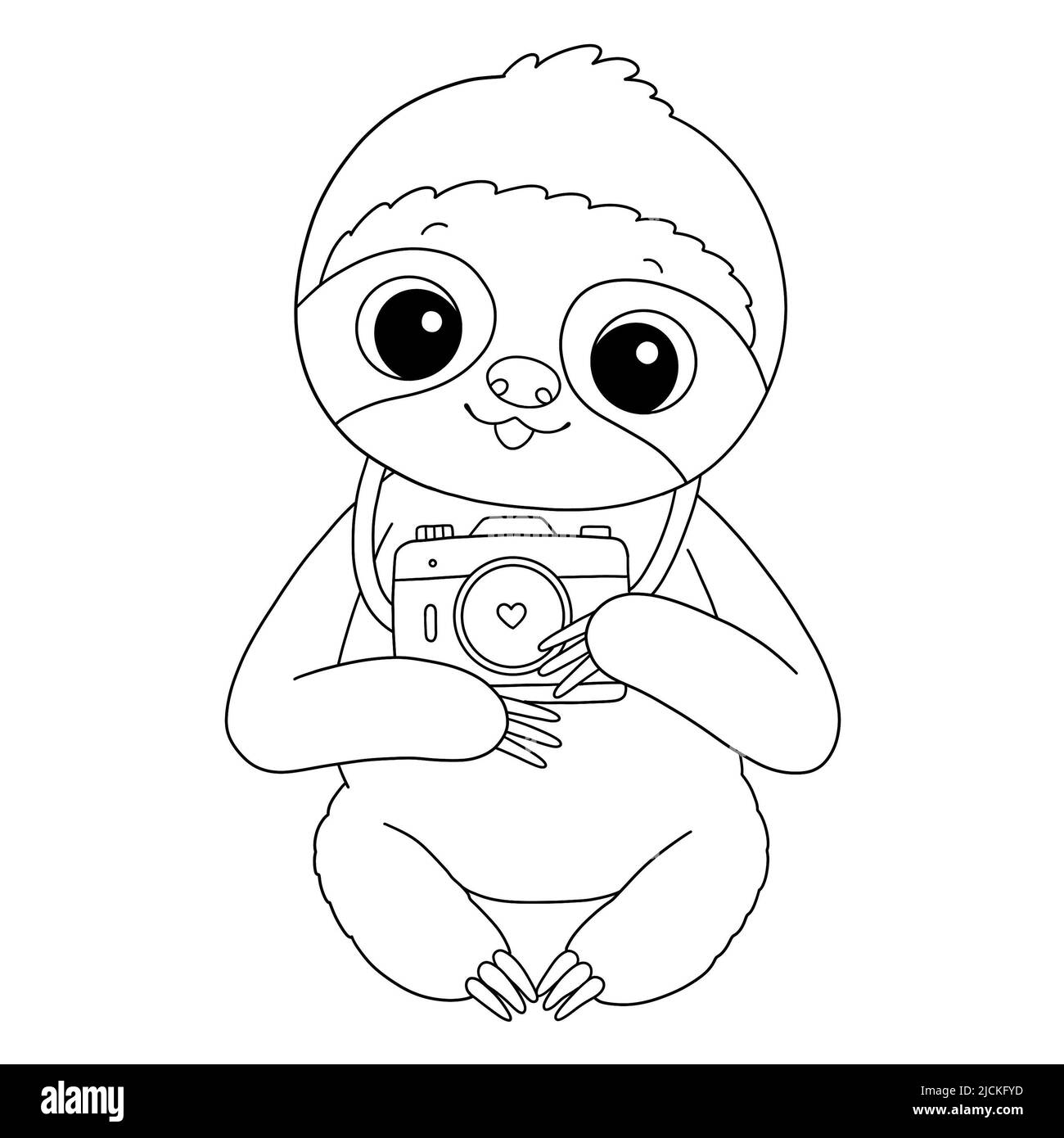 Cute baby sloth con fotocamera estate colorazione pagina Foto Stock