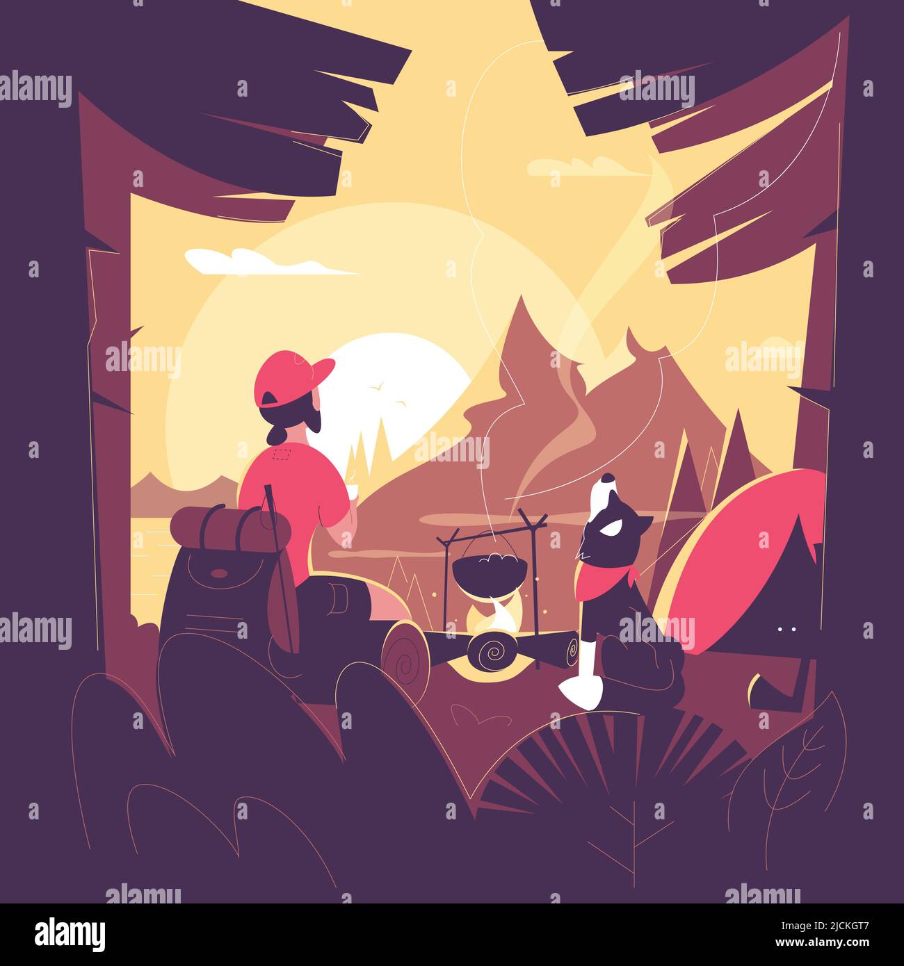 Un uomo con un cane è seduto accanto al fuoco nella foresta. Illustrazione di camping e vettore di viaggio. Splendido paesaggio mattutino all'alba. Illustrazione Vettoriale