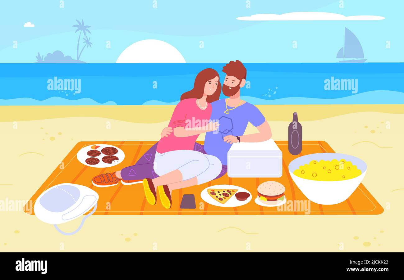 Data mare. Coppia romantica abbracciare sulla spiaggia, uomo e donna bere vino mangiare cibo estate pic-nic, persone riposo natura godendo all'aperto, coperta sabbia splendida illustrazione vettoriale Illustrazione Vettoriale