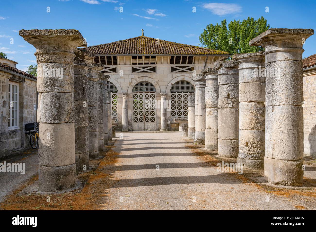 Pilastri fieggiano l'ingresso precedente al Museo Archeologico. Ricorda il passato romano della città sulle rive del fiume Charente in Francia Foto Stock