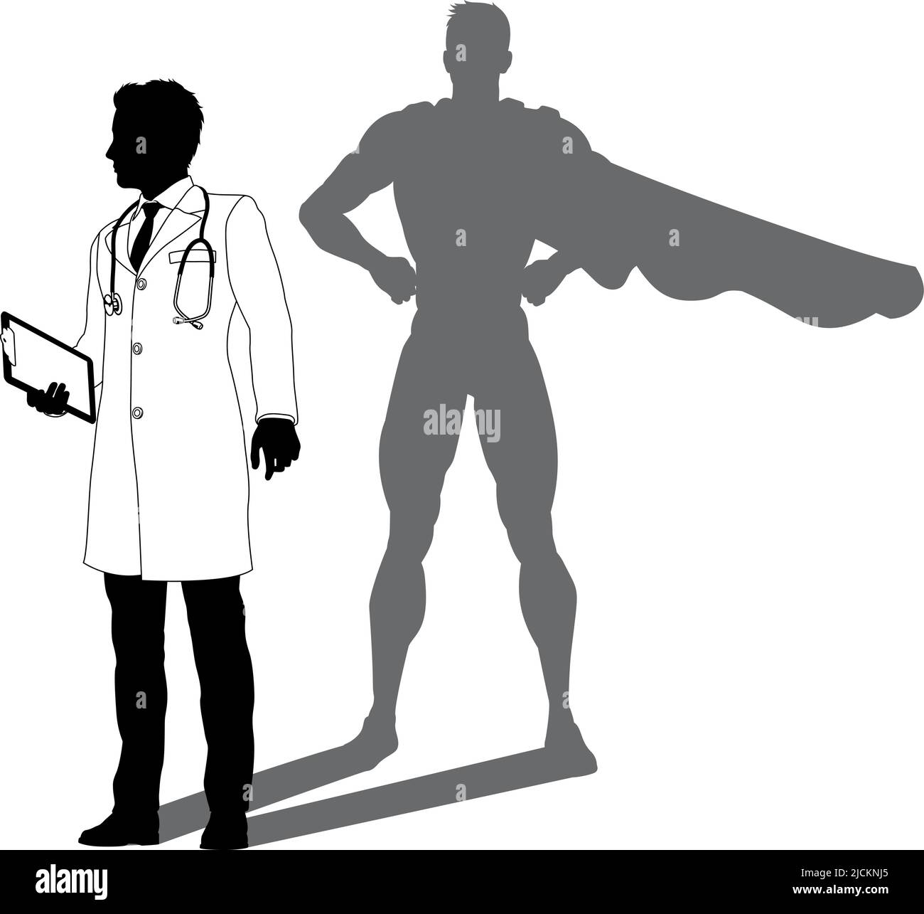 Supereroe Dottore con Super Hero Shadow Silhouette Illustrazione Vettoriale