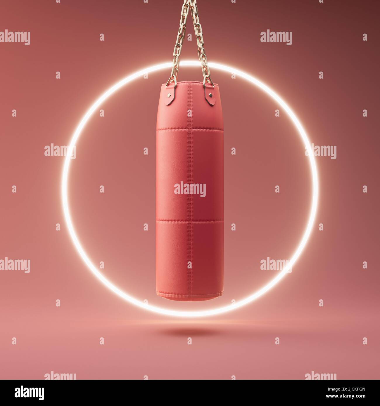 Una borsa da punzonatura rosa appesa a catene d'oro su un palco rosa illuminato da una luce circolare al neon - resa 3D Foto Stock