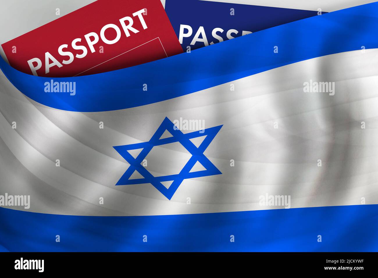 Sfondo della bandiera israeliana e passaporto di Israele. Cittadinanza, immigrazione legale ufficiale, visto, business e concetto di viaggio. Foto Stock