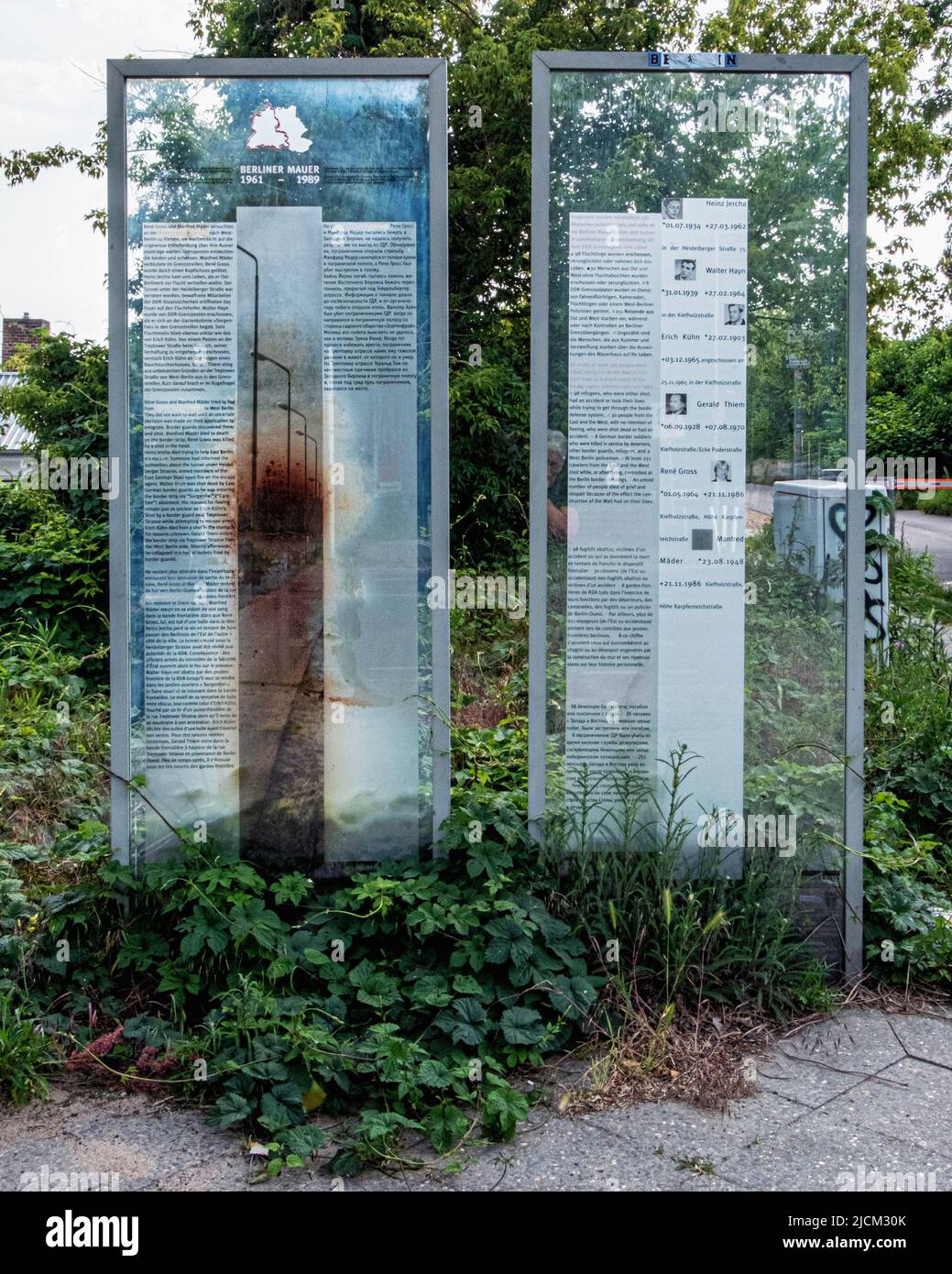 Vittime del muro di Berlino, Memorial & Information Heinz Jercha, Walter Hayn, Erich Kühn, Gerald Thiem, René Gross, Manfred Mäder, Kiefholzstraße 79, Foto Stock