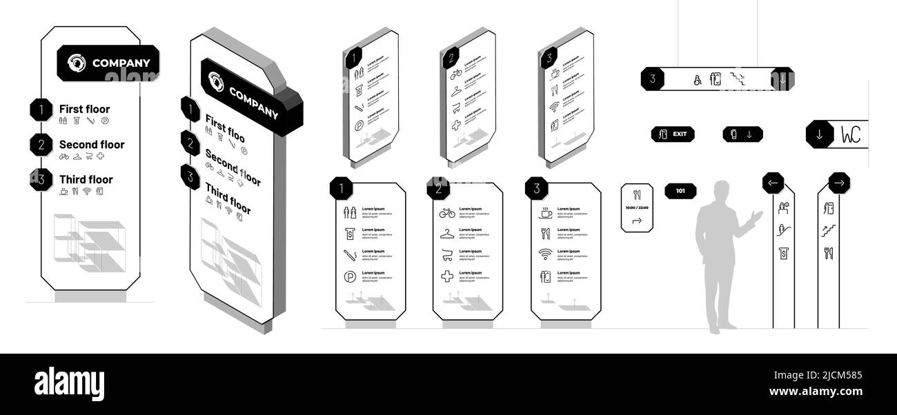Set di mockup per segnaletica del sistema Wayfinding. Ricerca di modelli di design per interni ed esterni. Mall navigazione mock up. Pannelli informativi per edifici commerciali. Segnali vettoriali di direzione complessi residenziali Illustrazione Vettoriale